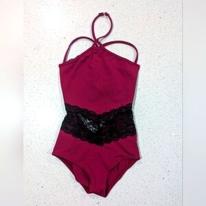 CUTE Burgundy Maroon Ballet Gymnastics Dance Leotard CL Child Large Strappy LACE